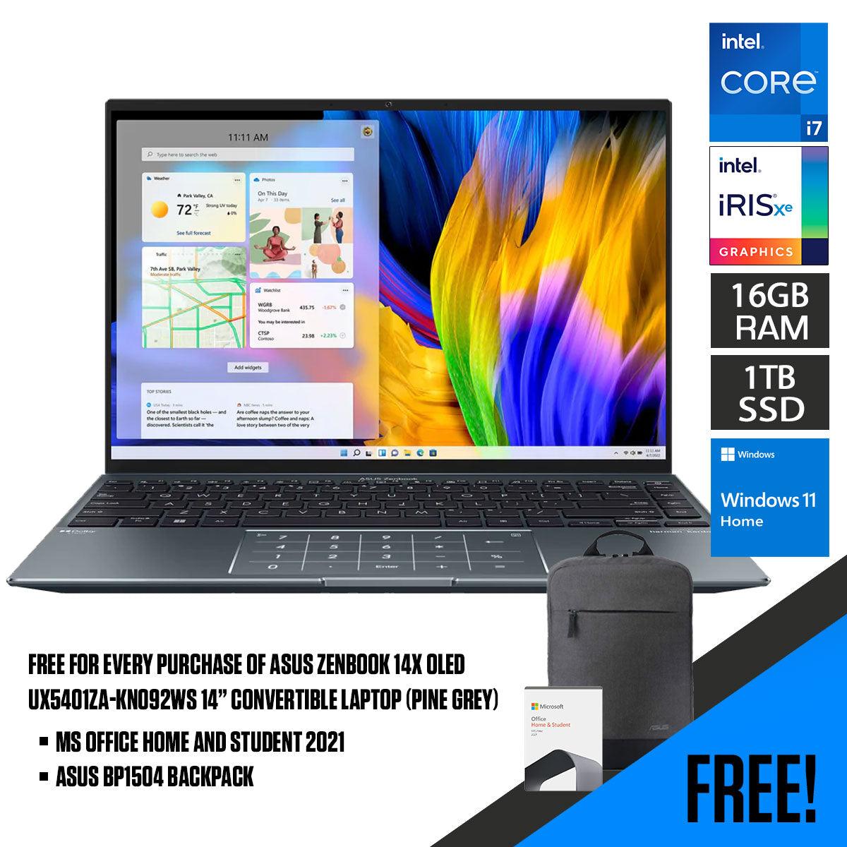 ASUS Zenbook 14X Oled UX5401ZA-KN092WS  Convertible Laptop (Pine Grey) | 14" 2.8k Oled |  i7-12700H | 16GB LPDDR5 | 1TB SSD | Iris Xᵉ Graphics | Windows 11 Home | MS Office Home & Student 2021 | ASUS BP1504 Casual Backpack