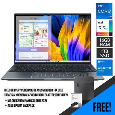 ASUS Zenbook 14X Oled UX5401ZA-KN092WS  Convertible Laptop (Pine Grey) | 14" 2.8k Oled |  i7-12700H | 16GB LPDDR5 | 1TB SSD | Iris Xᵉ Graphics | Windows 11 Home | MS Office Home & Student 2021 | ASUS BP1504 Casual Backpack