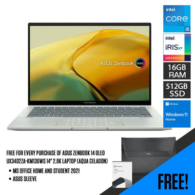 Asus Zenbook 14 OLED UX3402ZA-KM136WS Laptop (Aqua Celadon) | 14” 2.8K | i5-1240P | 16GB RAM | 512GB RAM | Intel Iris Xe Graphics | Windows 11 Home | MS Office H&S 2021 | Asus Sleeve