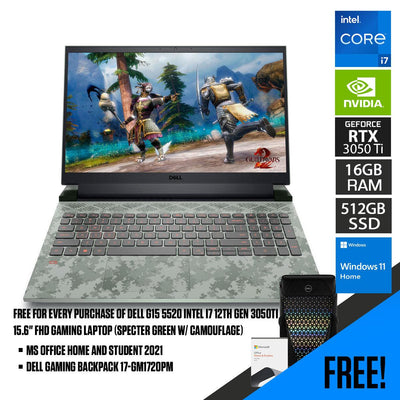 Dell G15 5520 Gaming Laptop (Specter Green With Camouflage) | 15.6” FHD | i7-12700H | 16GB RAM | 512GB SSD | RTX 3050 Ti | Windows 11 Home | MS Office H&S 2021 | Gaming Backpack 17-GM1720PM