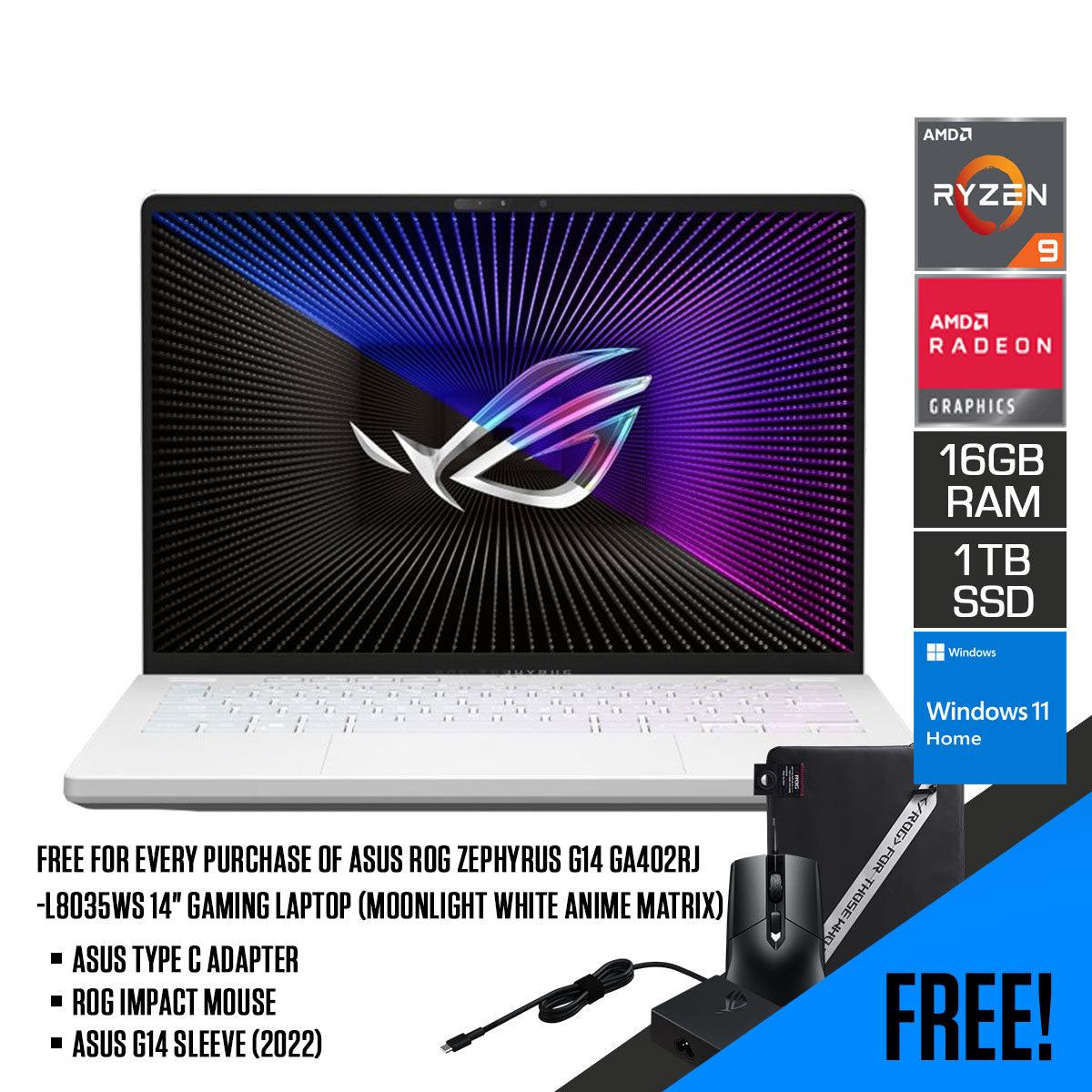 Asus ROG Zephyrus G14 GA402RJ-L8035WS Gaming Laptop (Moonlight White Anime Matrix) | 14" QHD | Ryzen™ 9 6900HS | 16GB RAM DDR5 | 1TB M.2 SSD | RX 6700S | Windows 11 Home | MS Office H&S 2021 | G14 Sleeve (2022) | ROG Impact Mouse