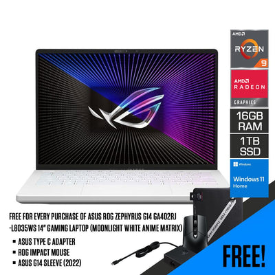Asus ROG Zephyrus G14 GA402RJ-L8035WS Gaming Laptop (Moonlight White Anime Matrix) | 14" QHD | Ryzen™ 9 6900HS | 16GB RAM DDR5 | 1TB M.2 SSD | RX 6700S | Windows 11 Home | MS Office H&S 2021 | G14 Sleeve (2022) | ROG Impact Mouse