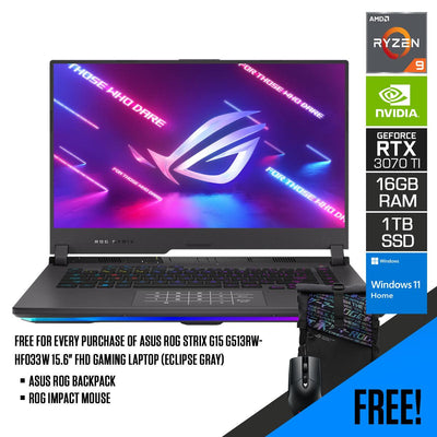 Asus ROG Strix G15 G513RW-HF033W Gaming Laptop (Eclipse Gray) | 15.6” FHD | Ryzen™ 9 6900HX | 16GB RAM DDR5 | 1TB M.2 SSD | RTX™ 3070 Ti | Windows 11 Home | MS Office Home & Student 2021 | ROG Backpack