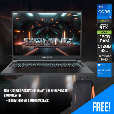 Gigabyte G6 KF-H3PH853SH Gaming Laptop | 16" FHD+ |  i7-13620H | 16GB RAM | 512GB SSD | RTX 4060 | Windows 11 Home  | Gigabyte GBP57S Gaming Backpack