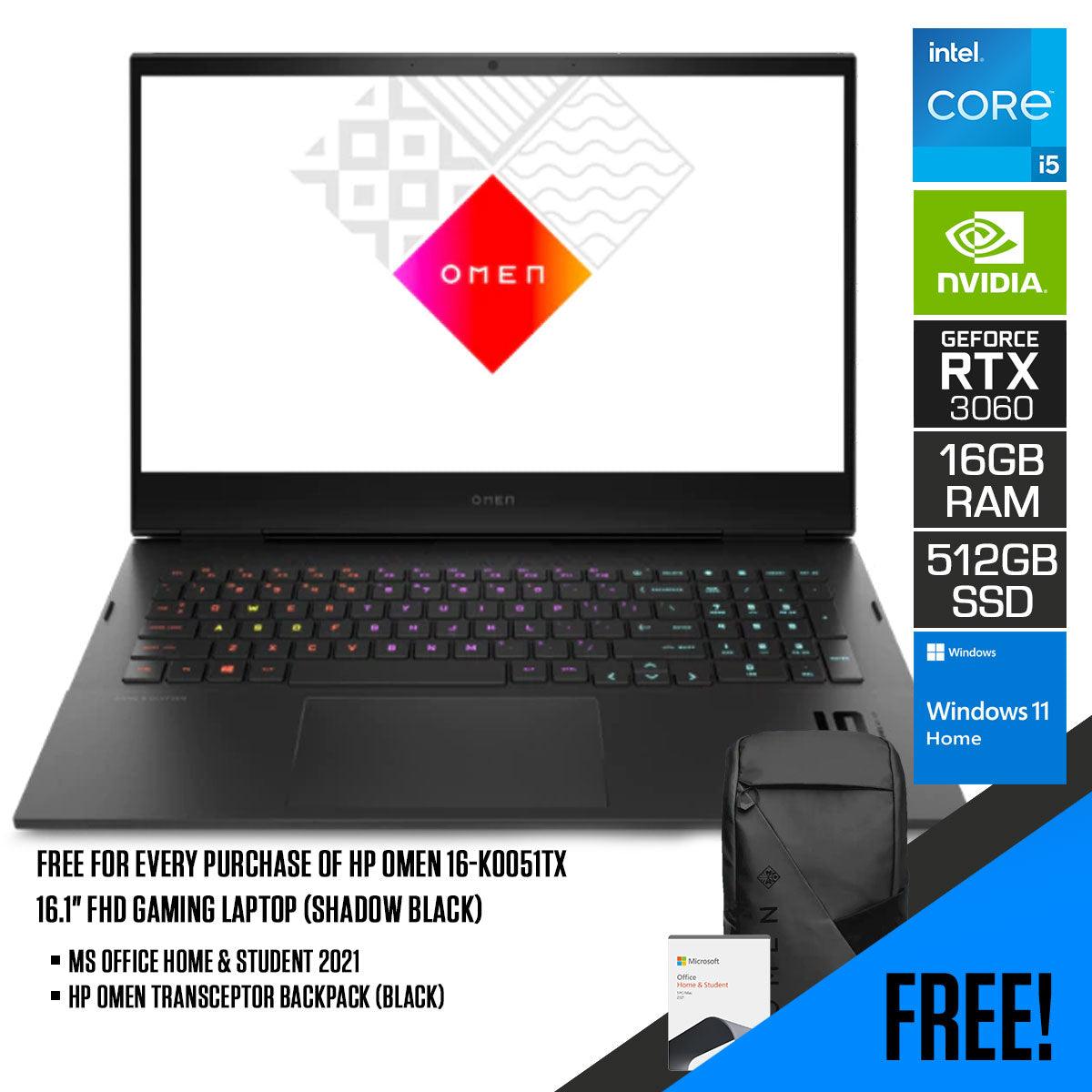HP Omen 16-K0051TX Gaming Laptop (Shadow Black) | 16.1" FHD |  i5-12500H | 16GB RAM | 512GB SSD | RTX 3060 | Windows 11 Home | MS Office Home & Student 2021 | HP Omen Transceptor 15” Backpack (Black)
