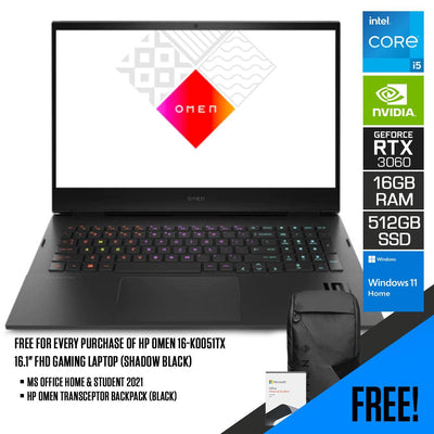 HP Omen 16-K0051TX Gaming Laptop (Shadow Black) | 16.1" FHD |  i5-12500H | 16GB RAM | 512GB SSD | RTX 3060 | Windows 11 Home | MS Office Home & Student 2021 | HP Omen Transceptor 15” Backpack (Black)