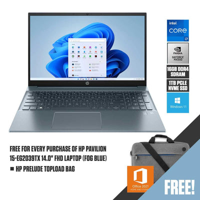 HP Pavilion 15-EG2039TX Laptop (Fob Blue) | 15.6” FHD | i7-1255U | 16GB RAM DDR4 | 1TB M.2 SSD | NVIDIA MX550 | Windows 11 Home | MS Office Home & Student 2021 | HP Prelude 15.6" Topload Bag