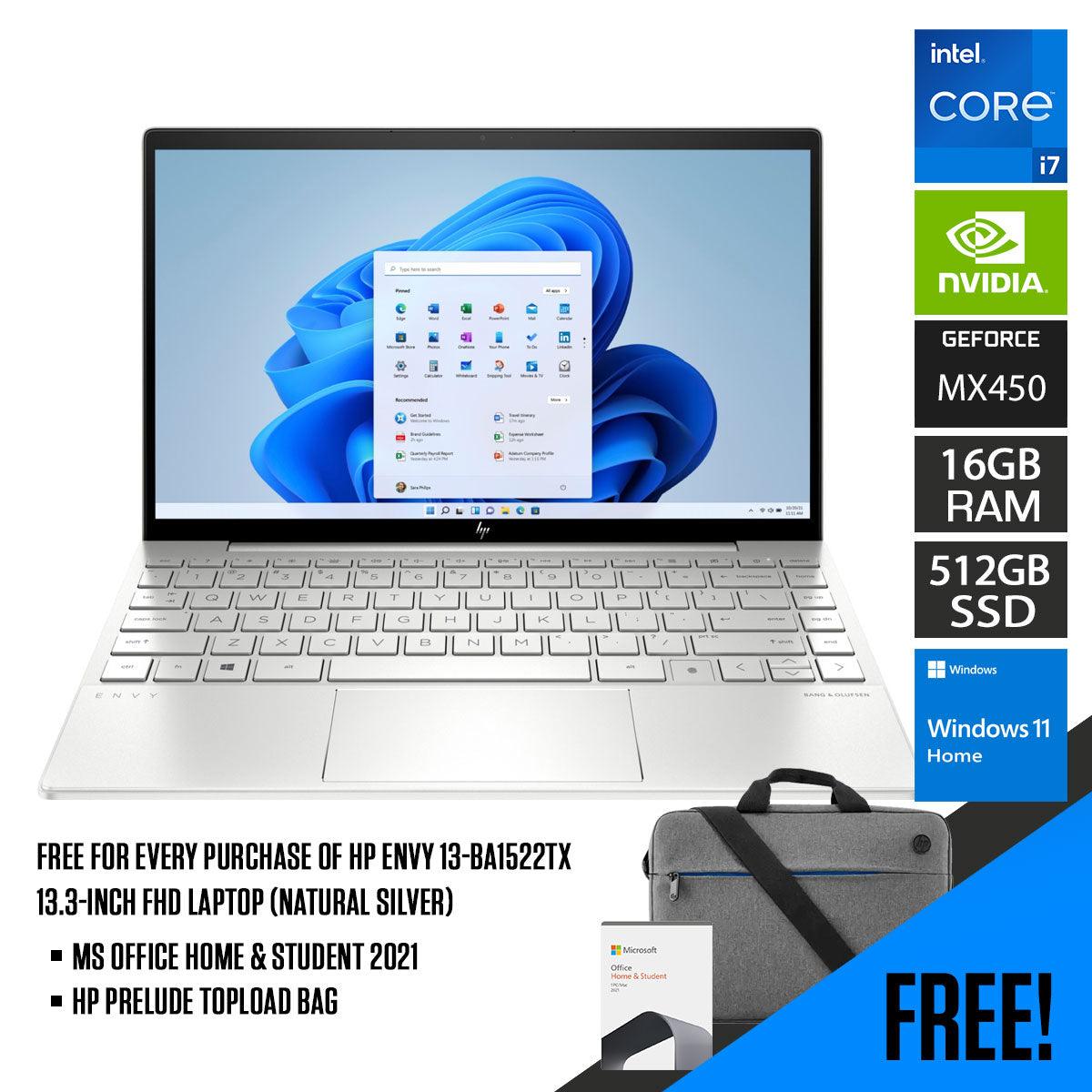 HP Envy 13-BA1522TX Laptop (Natural Silver) | 13.3”  FHD | i7-1165G7  | 16 GB DDR4 | 512 GB SSD | MX450 | Windows 11 Home | MS Office Home & Student 2021 | HP Prelude 15.6” Topload Bag