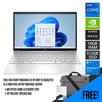HP Envy 13-BA1522TX Laptop (Natural Silver) | 13.3”  FHD | i7-1165G7  | 16 GB DDR4 | 512 GB SSD | MX450 | Windows 11 Home | MS Office Home & Student 2021 | HP Prelude 15.6” Topload Bag