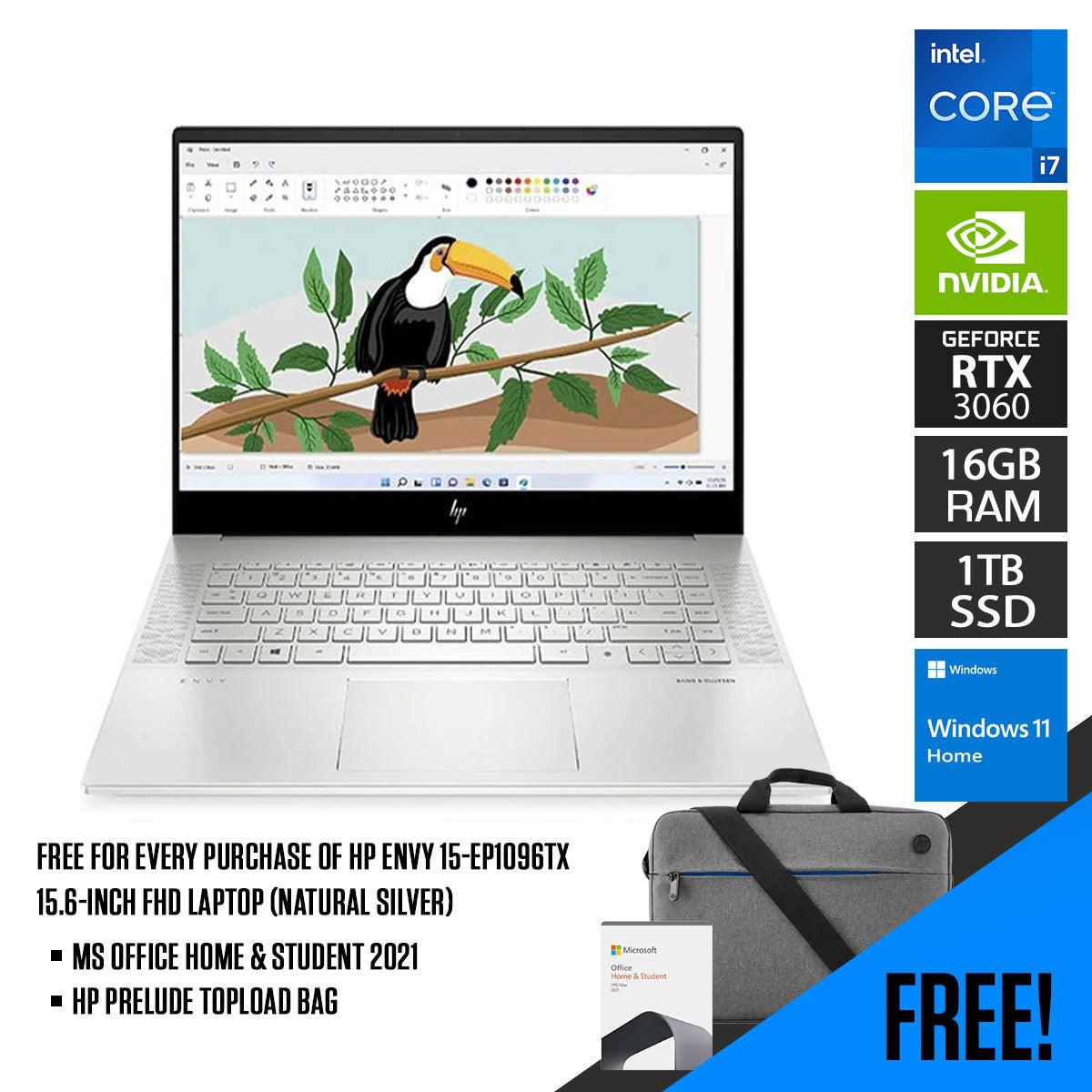HP Envy 15-EP1096TX Laptop (Natural Silver) | 15.6-"  FHD | i7-11800H | 16 GB DDR4 | 1 TB SSD | RTX™ 3060 | Windows 11 Home | MS Office Home & Student 2021 | HP Prelude 15.6”  Topload Bag