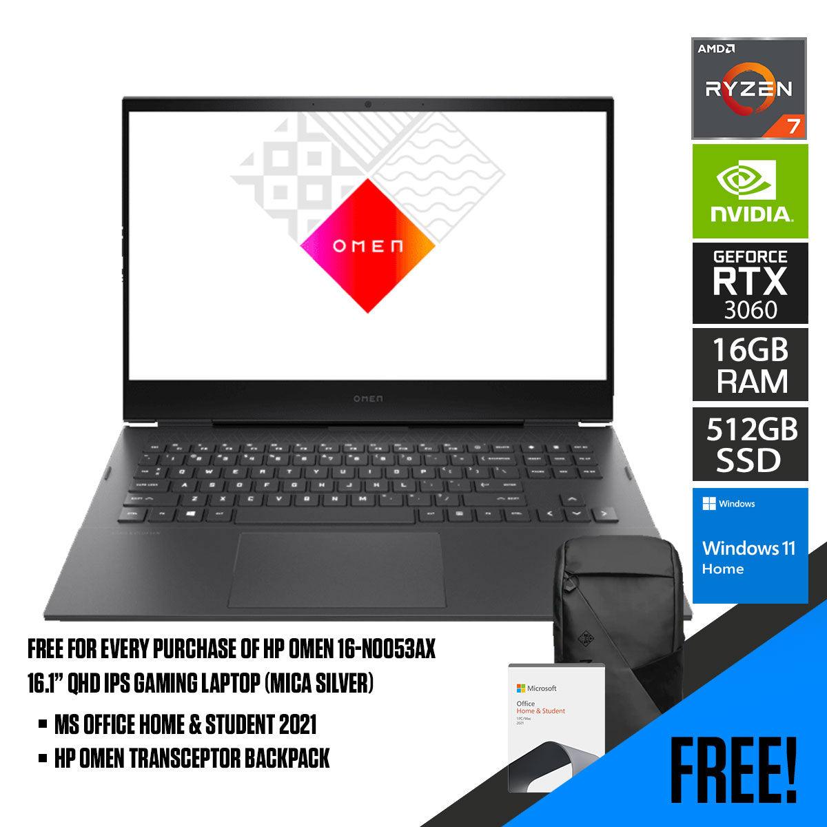 HP Omen 16-N0053AX Gaming Laptop (Mica Silver) | 16.1" QHD | Ryzen 7 6800H | 16 GB RAM | 512 GB SSD | RTX 3060 | Windows 11 Home | MS Office Home & Student 2021 | HP Omen Transceptor 15”  Backpack (Black)