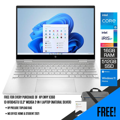 HP Envy X360 13-BF0045TU 13.3”  WUXGA 2-IN-1 Laptop (Natural Silver) + MS Office H&S 2021 + HP Prelude 15.6”  Topload Bag