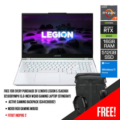 Lenovo Legion 5 15ACH6H 82JU00YMPH Gaming Laptop (Stingray)  | 15.6" WQHD | Ryzen 7 5800H | 16GB RAM DDR4 | 512 SSD | RTX 3060| WINDOWS 11 HOME + M300 RGB Gaming Mouse + Active Gaming Backpack (GX41C86982)