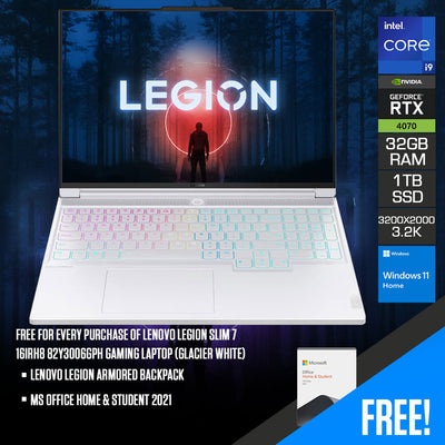 Lenovo Legion Slim 7 16IRH8 82Y3006GPH Gaming Laptop (Glacier White) | 16" 3.2K (3200x2000) 165Hz IPS | i9 13900H | 32GB RAM | 1TB SSD | RTX 4070 | Windows 11 Home | MS Office Home & Student 2021 | Lenovo Legion Armored Backpack