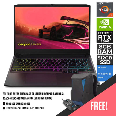 Lenovo Ideapad Gaming 3 15ACH6 82K201DVPH Laptop (Shadow Black) | 15.6” FHD | Ryzen 7 5800H | 8GB RAM DDR4 | 512GB SSD | RTX 3060 | Windows 11 Home | M100 RGB Gaming Mouse | Lenovo Ideapad Gaming 15.6” Backpack
