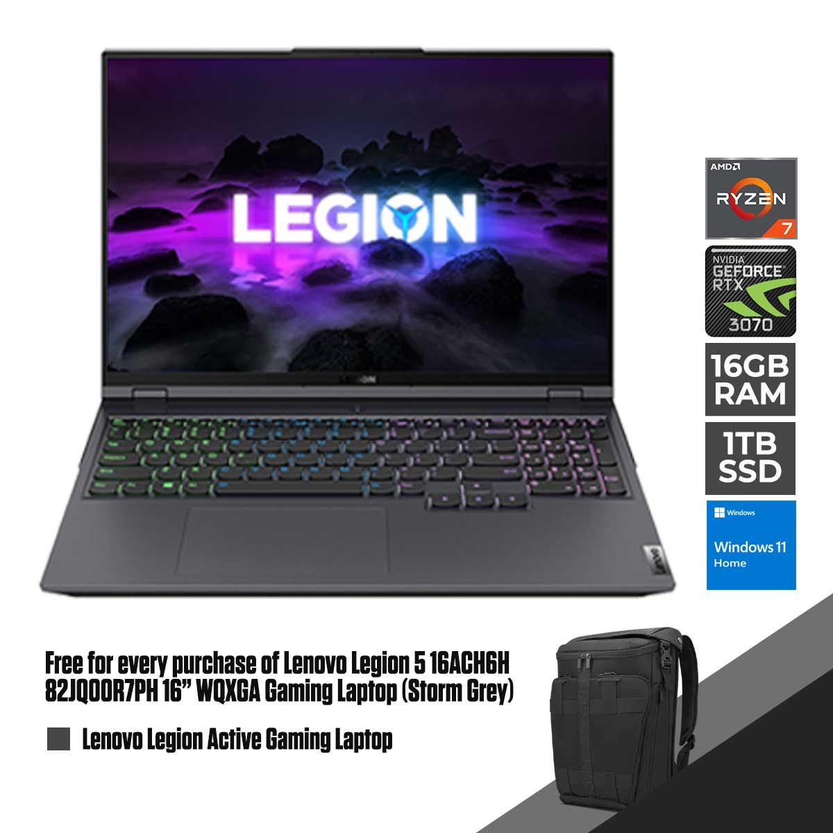 Lenovo Legion 5 Pro 16ACH6H 82JQ00R7PH Gaming Laptop (Storm Grey) | 16” WQXGA | AMD Ryzen 7 5800H | 16GB RAM DDR4 | 1TB SSD | RTX 3070 | Windows 11 Home + Lenovo Legion Active Gaming Backpack (GX41C86982)