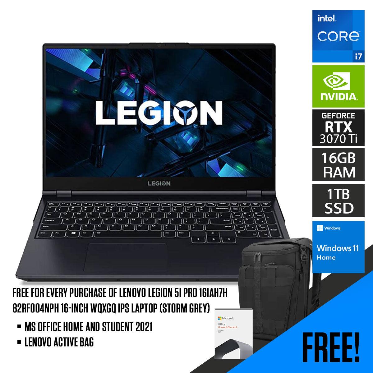 Lenovo Legion 5i Pro 16IAH7H 82RF004NPH Gaming Laptop (Storm Grey) | 16”  WQXGA  |  i7-12700H | 16 GB RAM DDR5 | 1 TB SSD | RTX 3070 Ti | Windows 11 Home | Office Home And Student 2021 | Lenovo Active Bag
