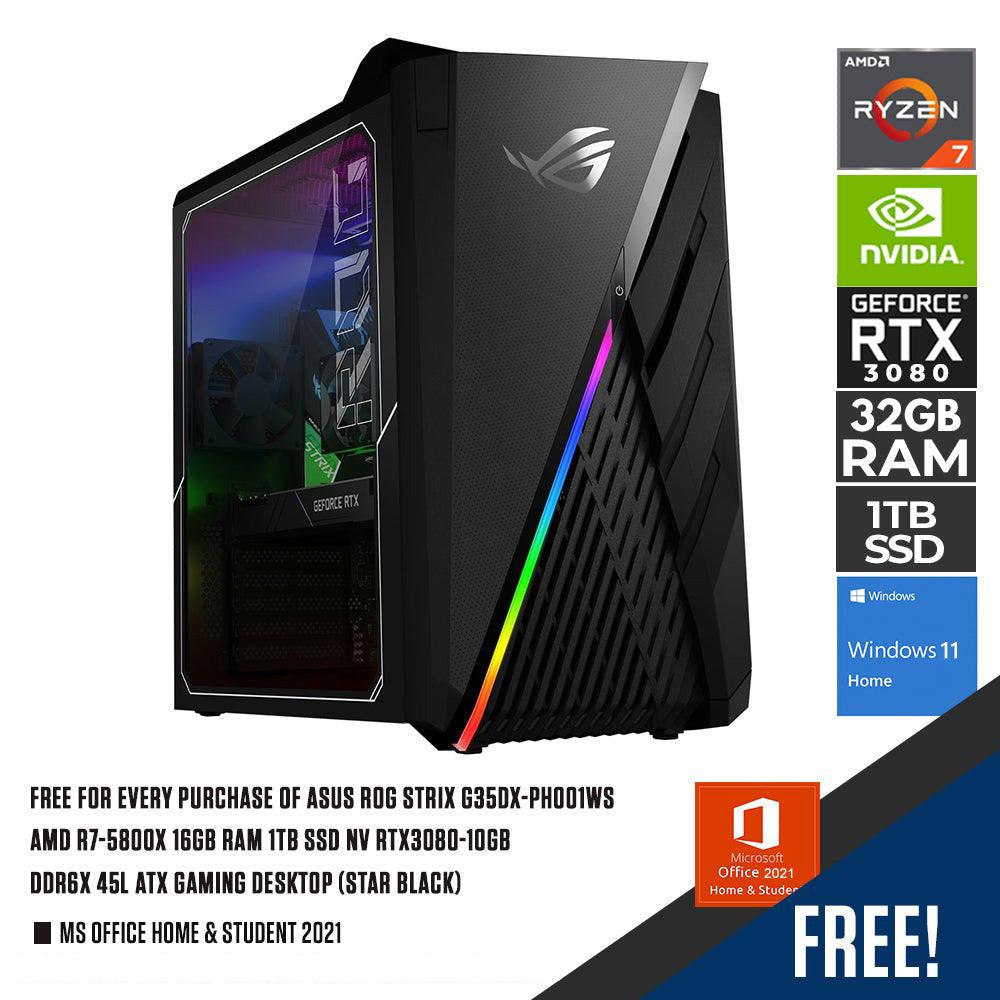 ASUS ROG STRIX G35DX-PH001WS AMD R7-5800X 16GB RAM 1TB SSD NV RTX3080-10GB DDR6X 45L ATX GAMING DESKTOP (STAR BLACK) + MS OFFICE HOME & STUDENT 2021
