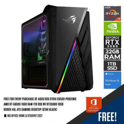 ASUS ROG STRIX G35DX-PH001WS AMD R7-5800X 16GB RAM 1TB SSD NV RTX3080-10GB DDR6X 45L ATX GAMING DESKTOP (STAR BLACK) + MS OFFICE HOME & STUDENT 2021