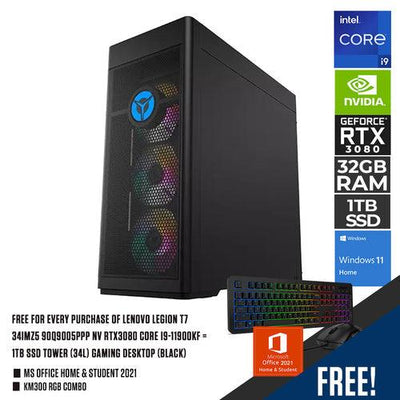 LENOVO LEGION T7 34IMZ5 90Q9005PPP NV RTX3080 CORE I9-11900KF 32GB RAM 1TB SSD TOWER (34L) GAMING DESKTOP (BLACK) + MS OFFICE H&S 2021 + KM300 RGB COMBO