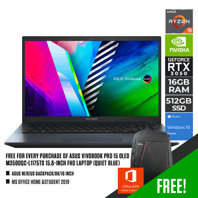 ASUS VIVOBOOK PRO 15 OLED M3500QC-L1175TS LAPTOP (QUIET BLUE) | 15.6" FHD | Ryzen™ 9 5900HX | 16GB DDR4 | 512GB SSD | RTX 3050 | WIN10 + MS OFFICE HOME &STUDENT 2019 + NEREUS BACKPACK/BK