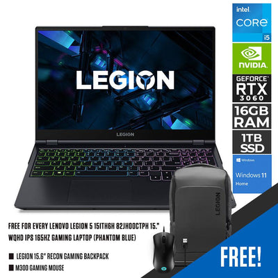 LENOVO LEGION 5 15ITH6H 82JH00CTPH GAMING LAPTOP (PHANTOM BLUE) | 15.6" WQHD | i5-11400H | 16GB DDR4 | 1TB SSD | RTX 3060 | WIN11 + M300 GAMING MOUSE + LEGION RECON GAMING BACKPACK