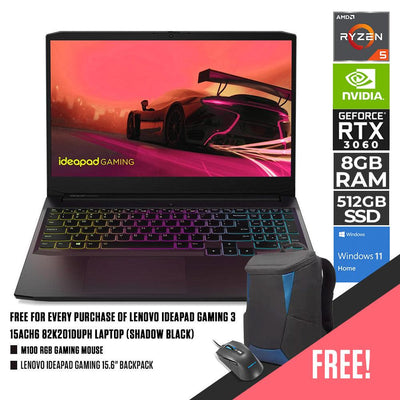 LENOVO IDEAPAD GAMING 3 15ACH6 82K201DUPH LAPTOP (SHADOW BLACK) | 15.6" FHD | RYZEN 5 5600H | 8GB DDR4 | 512GB SSD | RTX 3060 | WIN11 + M100 RGB GAMING MOUSE + LENOVO IDEAPAD GAMING 15.6" BACKPACK