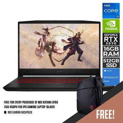 MSI KATANA GF66 11UG-656PH GAMING LAPTOP (BLACK) | 15.6“ FHD | i7-11800H | RTX 3070 | 16GB DDR4 | 512GB SSD |RTX 3070 | WIN10  + MSI GAMING BACKPACK