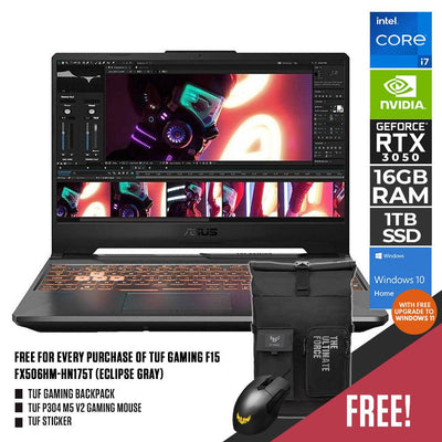 ASUS TUF GAMING F15 FX506HM-HN175T LAPTOP (ECLIPSE GRAY) | 15.6” FHD | i7-11800H | 16GB DDR4 | 1TB SSD | RTX 3060 | WIN 10 + TUF GAMING BACKPACK + TUF P304 M5 V2 GAMING MOUSE + TUF STICKER