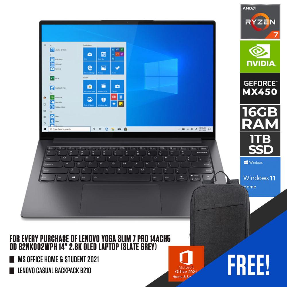 LENOVO YOGA SLIM 7 PRO 14ACH5 OD 82NK002WPH (SLATE GREY) | 14” OLED | RYZEN 7 5800HS | 16GB LPDDR4 | 1TB SSD | GEFORCE MX450 | WIN11 + MS OFFICE HOME & STUDENT 2021 + LENOVE CASUAL BACKPACK B210 + LENOVO TAB M8