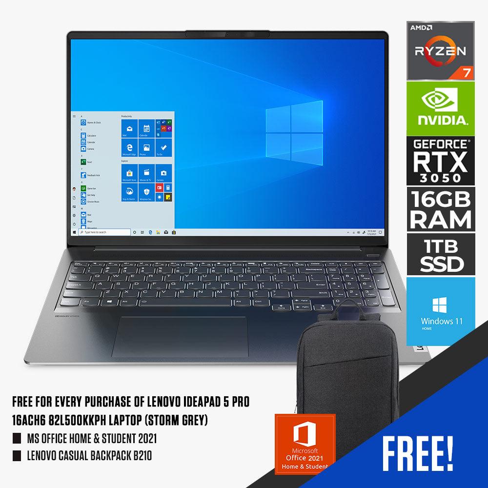 LENOVO IDEAPAD 5 PRO 16ACH6 82L500KKPH LAPTOP (STORM GREY) | 16” WQXGA | RYZEN 7 5800H | 16GB DDR4 | 1TB SSD | RTX 3050 | WIN11 + MS OFFICE HOME & STUDENT 2021 + LENOVO CASUAL BACKPACK B210