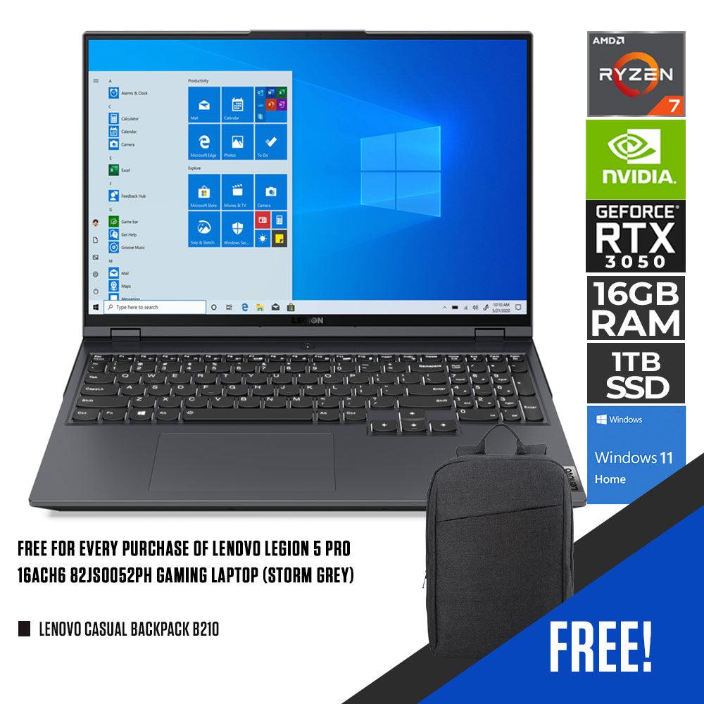 LENOVO LEGION 5 PRO 16ACH6 82JS0052PH GAMING LAPTOP (STORM GREY) | 16” WQXGA | RYZEN 7 5800H | 16GB DDR4 | 1TB SSD | RTX 3050 | WIN11 + LENOVO CASUAL BACKPACK B210
