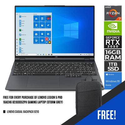 LENOVO LEGION 5 PRO 16ACH6 82JS0052PH GAMING LAPTOP (STORM GREY) | 16” WQXGA | RYZEN 7 5800H | 16GB DDR4 | 1TB SSD | RTX 3050 | WIN11 + LENOVO CASUAL BACKPACK B210