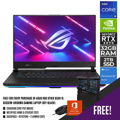 ASUS ROG STRIX SCAR 15 G533ZW-LN108WS GAMING LAPTOP | 15.6” | i9-12900H | 32GB DDR5 | 2TB SSD | RTX 3070 | WIN11 + MS OFFICE H&S 2021 + CHAKRAM CORE P511 MOUSE + BACKPACK+KEYSTONE  +  2 ARMOR CAPS