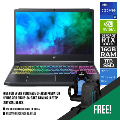 ACER PREDATOR HELIOS 300 PH315-54-93K9 GAMING LAPTOP (ABYSSAL BLACK) | 15.6” FHD | i9-11900H | 16GB DDR4 | 1TB SSD | RTX 3070 | WIN11 + PREDATOR GAMING CHAIR LK-8103A + PREDATOR BACKPACK 15.6 BLUE