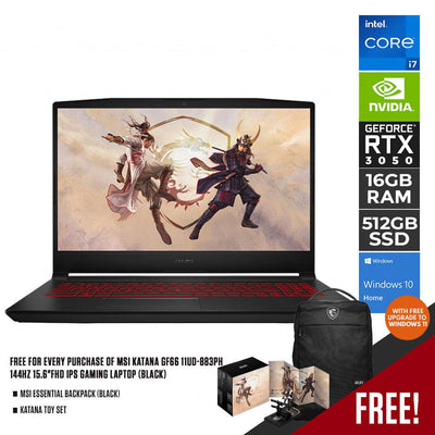 MSI KATANA GF66 11UD-883PH GAMING LAPTOP (BLACK) | 15.6" FHD | DDR4 16 | 512GB SSD | RTX 3050 Ti | WIN11 W/ FREE KATANA TOY SET + MSI ESSENTIAL BACKPACK (BLACK)