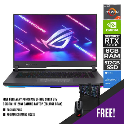 ASUS ROG STRIX G15 G513RM-HF129W GAMING LAPTOP (ECLIPSE GRAY) | 15.6” FHD | RYZEN™ 7 6800H | 8GB DDR5 | 512GB SSD | RTX 3060 | WIN11 + ROG BACKPACK + ROG IMPACT GAMING MOUSE