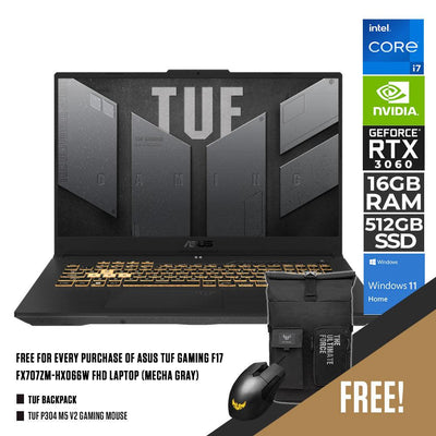 Asus TUF Gaming F17 FX707ZM-HX066W Laptop (Mecha Gray) | 17.3” FHD | i7-12700H | 16GB DDR5 | 512GB SSD | RTX 3060 | Win11 + TUF P304 M5 V2 Gaming Mouse + TUF Backpack