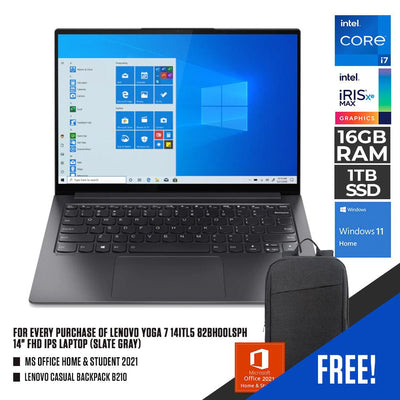 LENOVO YOGA 7 14ITL5 82BH00LSPH (SLATE GREY) | 14” FHD | Intel Core i7-1165G7| 16GB Soldered DDR4 |1TB SSD M.2 2280 PCIe | Intel Iris Xe Graphics | WIN 11 + MS OFFICE HOME & STUDENT 2021 + LENOVO 15.6” CASUAL BACKPACK B210