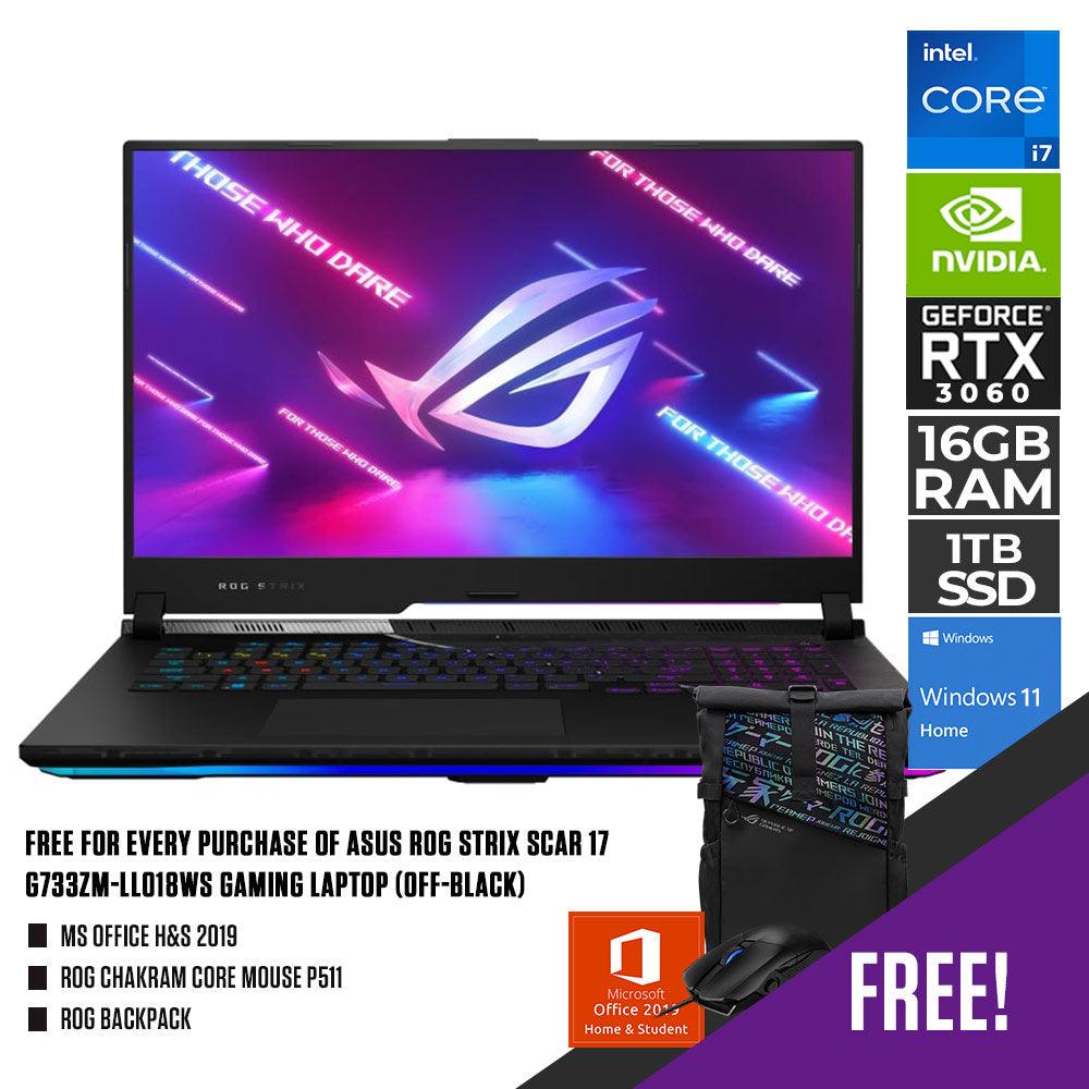 ASUS ROG Strix Scar 17 G733ZM-LL018WS Gaming Laptop (off-black) | 17.3” WQHD | i7-12700H | 2x 8GB DDR5 | 1TB SSD | RTX™ 3060 | WIN11 + MS Office H&S 2019 + ROG Chakram Core Mouse P511 + ROG Backpack