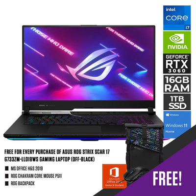 ASUS ROG Strix Scar 17 G733ZM-LL018WS Gaming Laptop (off-black) | 17.3” WQHD | i7-12700H | 2x 8GB DDR5 | 1TB SSD | RTX™ 3060 | WIN11 + MS Office H&S 2019 + ROG Chakram Core Mouse P511 + ROG Backpack