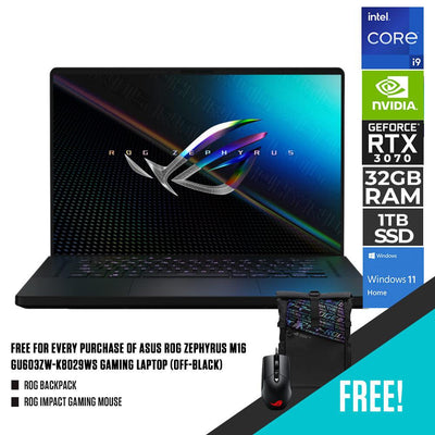 ASUS ROG ZEPHYRUS M16 GU603ZW-K8029WS GAMING LAPTOP (OFF-BLACK) | 16” WQXGA 165HZ | i9-12900H | 32GB DDR5 | 1TB SSD | RTX 3070 TI | WIN11 + ROG BACKPACK + ROG IMPACT GAMING MOUSE