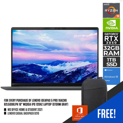LENOVO IDEAPAD 5 PRO 16ACH6 82L500KLPH LAPTOP (STORM GREY) | 16” IPS 120HZ | Ryzen 9 5900HX | 32GB DDR4 | RTX 3050 | WIN11 + MS OFFICE HOME & STUDENT 2021 + 15.6” CASUAL BACKPACK B210