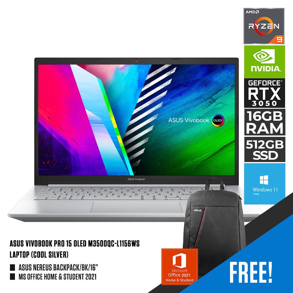 ASUS VIVOBOOK PRO 15 OLED M3500QC-L1156WS LAPTOP (COOL SILVER) | 15.6” FHD | RYZEN™ 9 5900HX | 16GB DDR4 | 512GB SSD | RTX 3050 | WIN11 + MS OFFICE HOME & STUDENT 2021 + ASUS NEREUS BACKPACK/BK/