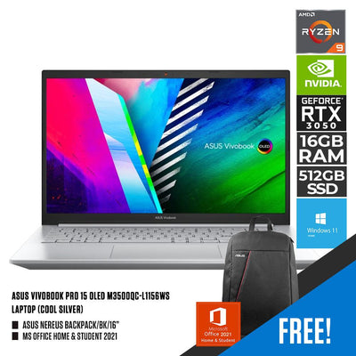 ASUS VIVOBOOK PRO 15 OLED M3500QC-L1156WS LAPTOP (COOL SILVER) | 15.6” FHD | RYZEN™ 9 5900HX | 16GB DDR4 | 512GB SSD | RTX 3050 | WIN11 + MS OFFICE HOME & STUDENT 2021 + ASUS NEREUS BACKPACK/BK/