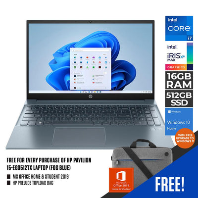HP PAVILION 15-EG0512TX LAPTOP (FOG BLUE) | 15.6” FHD | i7-1165G7 | 16GB DDR4 | 512GB SSD | IRIS XE | WIN10 + MS OFFICE HOME & STUDENT HP PRELUDE TOPLOAD BAG