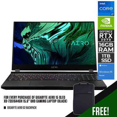 GIGABYTE AERO 15 OLED XD-73S1644GH GAMING LAPTOP (BLACK) | 15.6” UHD | i7-11800H | 16GB DDR4 | 1TB SSD | RTX™ 3070P | WIN11 + GIGABYTE AERO G2 BACKPACK