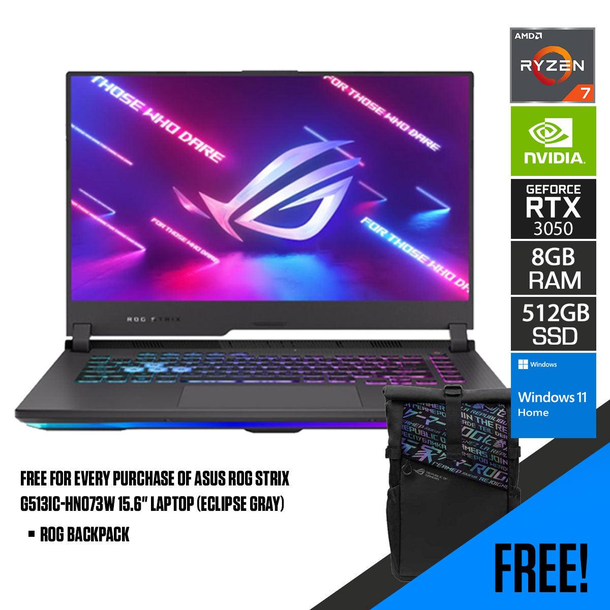ASUS ROG Strix G513IC-HN073W  Laptop (Eclipse Gray) | 15.6" FHD | Ryzen™ 7 4800H | 512 GB SSD | RTX™ 3050 | Windows 11 Home | ROG Backpack