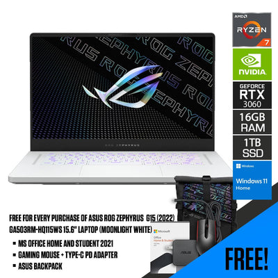 ASUS ROG Zephyrus G15 (2022) GA503RM-HQ115WS  Laptop (Moonlight White) | 15.6" WQHD  | Ryzen™ 7 6800HS | 16 GB DDR5 | 1 TB SSD | RTX™ 3060 | Windows 11 Home | MS Office H&S 2021 | Gaming Mouse | Backpack | Type-C PD Adapter