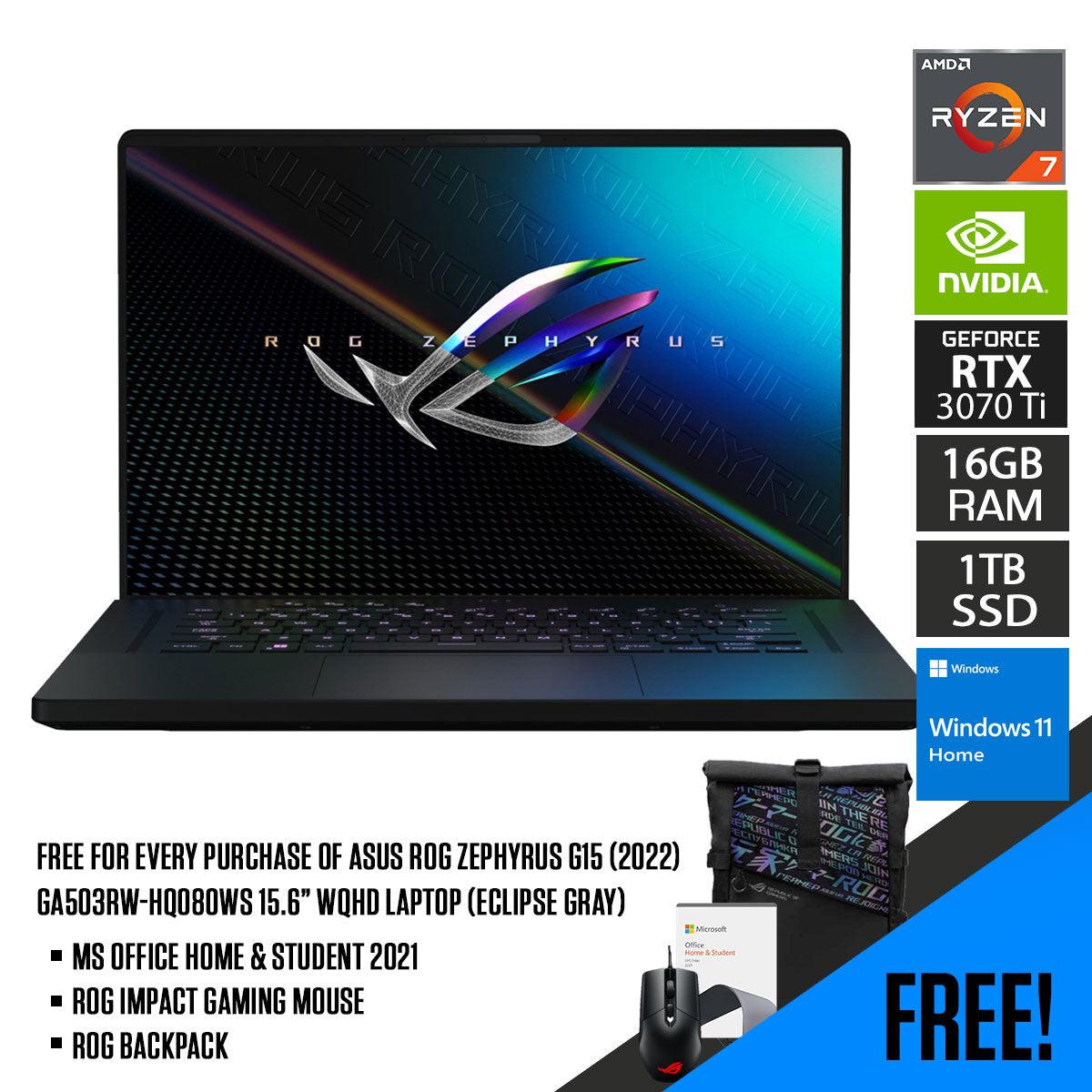 ASUS ROG Zephyrus G15 (2022) GA503RW-HQ080WS Laptop (Eclipse Gray) | 15.6” WQHD | Ryzen 7 6800HS | 16GB RAM DDR5 | 1TB M.2 SSD | RTX 3070 Ti | Windows 11 Home | Ms Office H&S 2021 | Gaming Mouse | Backpack | Type-C AC Adapter